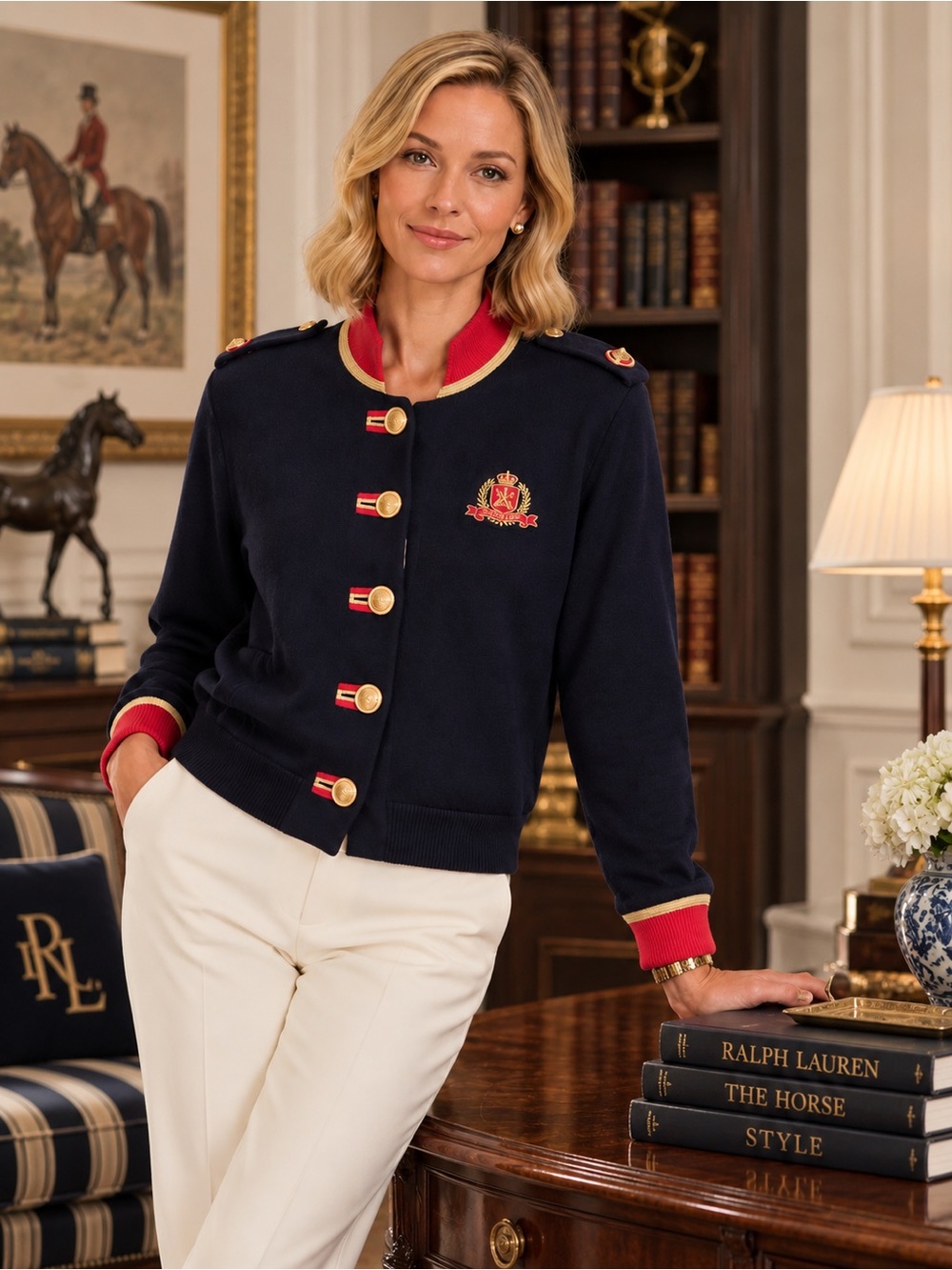 St. John Sport Navy, Red & Gold Military-Inspired Knit Jacket – Size Medium - Picture 10 of 10